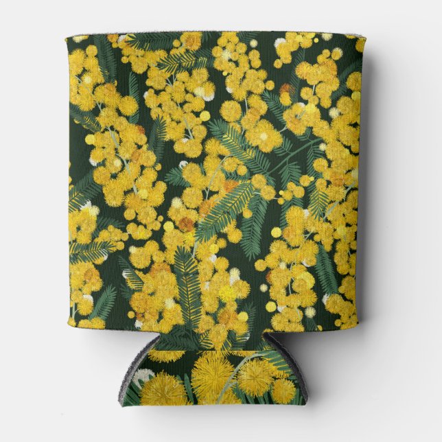 Yellow Mimosa Flowers Botanical Pattern Can Cooler (Front)