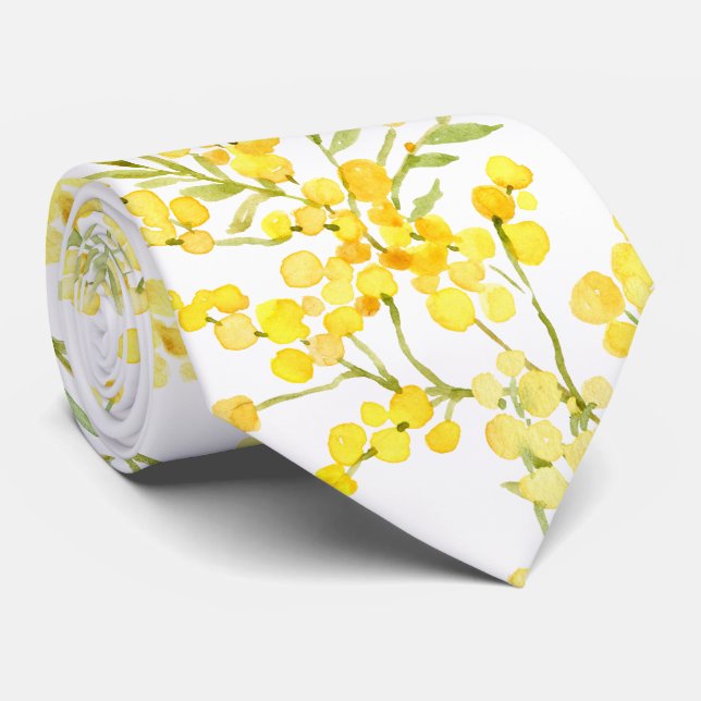 Yellow mimosa flowers on white tie (Rolled)