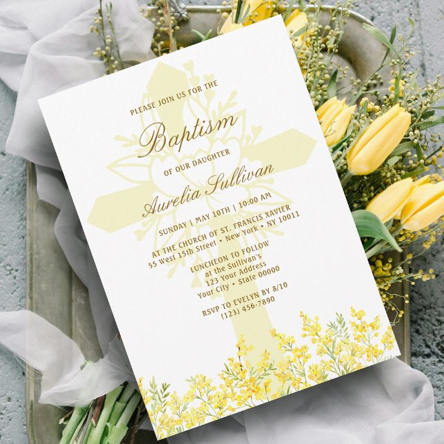 Yellow Mimosa Holy Cross Baptism Invitation (Creator Uploaded)