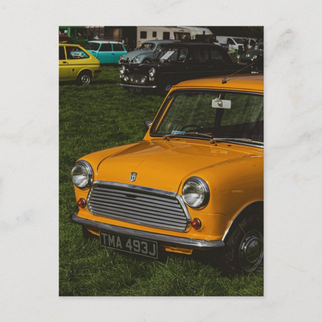 Yellow mini cooper classic car postcard (Front)
