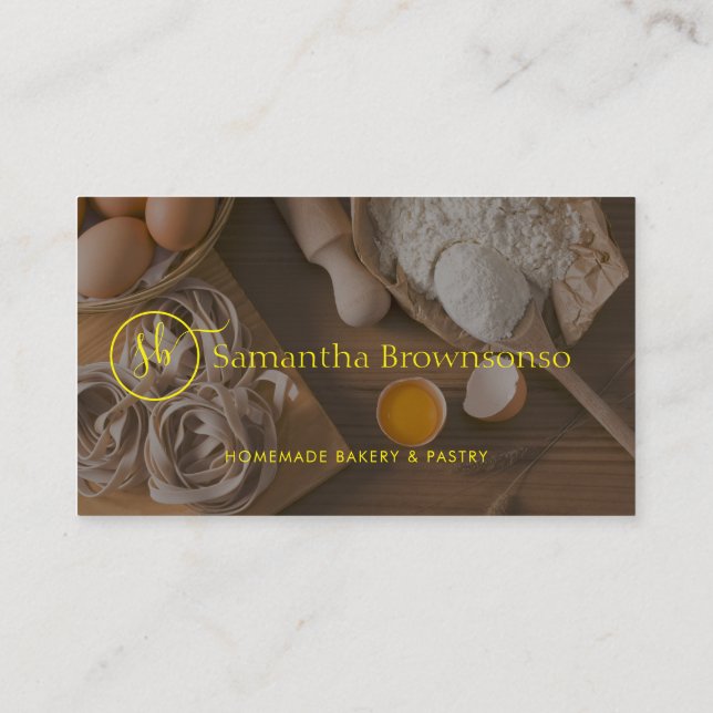 Yellow Minimal Custom Photo Egg Bread Bakery Business Card (Back)