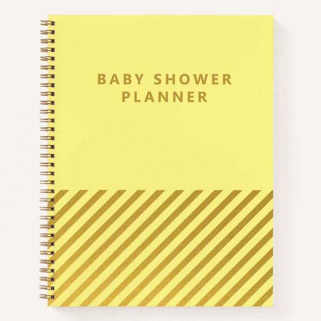 Yellow Minimalist Foil Stripes Baby Shower Planner Notebook (Front)