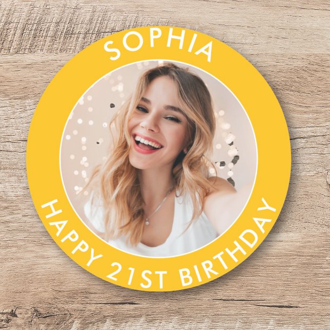 Yellow Modern Bright Happy 21st Birthday Photo Classic Round Sticker (Yellow Modern Bright Happy 21st Birthday Photo Classic Round Sticker)