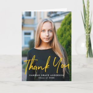 Yellow   Modern Brush Script Photo Graduation Thank You Card