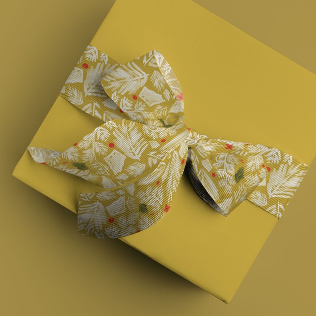 Yellow Modern Festive Botanical Holiday Satin Ribbon (Gorgeous golden chartreuse yellow festive botanical holiday ribbon.)