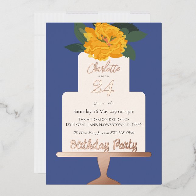 Yellow Modern  Floral Cake Birthday Party Gold  (Envelope)