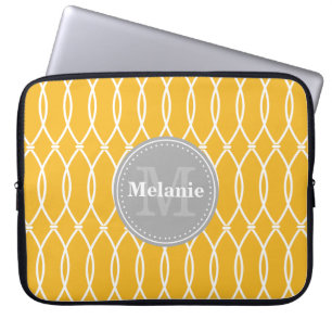 Yellow Modern Lattice Pattern Grey Monogram Laptop Sleeve