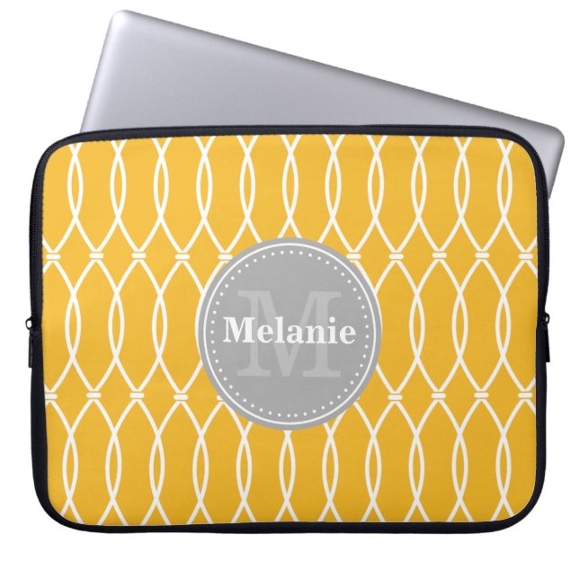 Yellow Modern Lattice Pattern Grey Monogram Laptop Sleeve (Front)