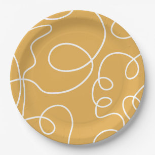 Yellow Modern Minimal Line Brush Strokes Paper Plate
