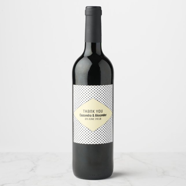 Yellow Modern Polka Dots Wedding Wine Label (Front)