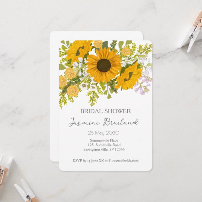 Yellow Modern Sunflowers Bouquet Bridal Shower  Invitation (Front/Back In Situ)