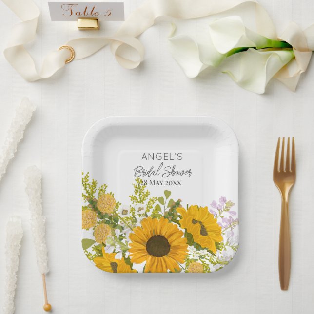 Yellow Modern Sunflowers Bouquet Bridal Shower Paper Plate (Wedding)