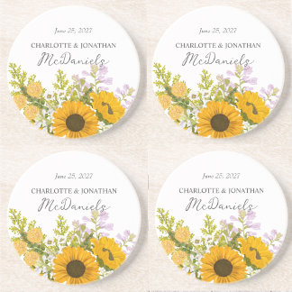 Yellow Modern Sunflowers Bouquet Wedding  Coaster