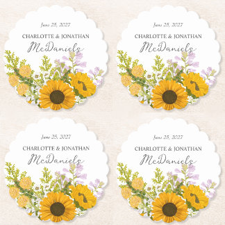 Yellow Modern Sunflowers Bouquet Wedding  Paper Coaster