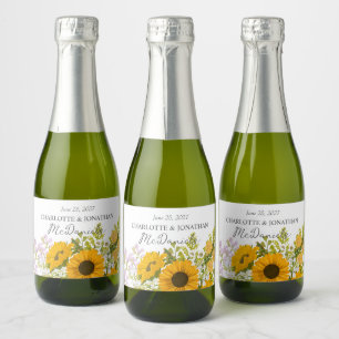 Yellow Modern Sunflowers Bouquet Wedding Sparkling Wine Label