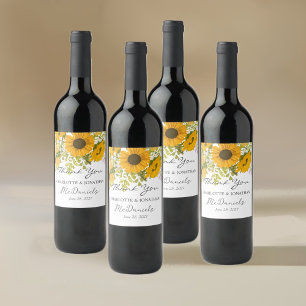 Yellow Modern Sunflowers Bouquet Wedding Wine Label