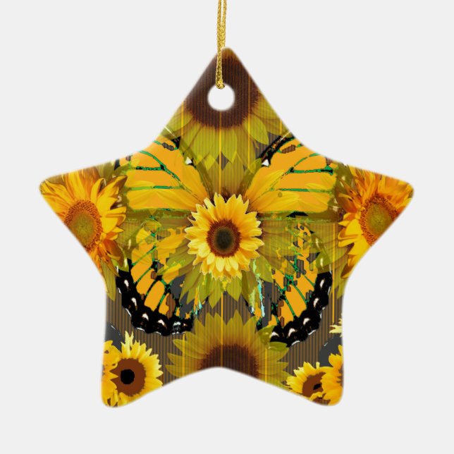 Yellow MONARCH  BUTTERFLY & Sunflower ART Ceramic Tree Decoration (Front)