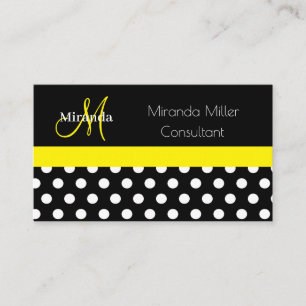 Yellow Monogram Black White Polka Dot Business Card