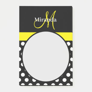 Yellow Monogram Black White Polka Dot Post-it Notes