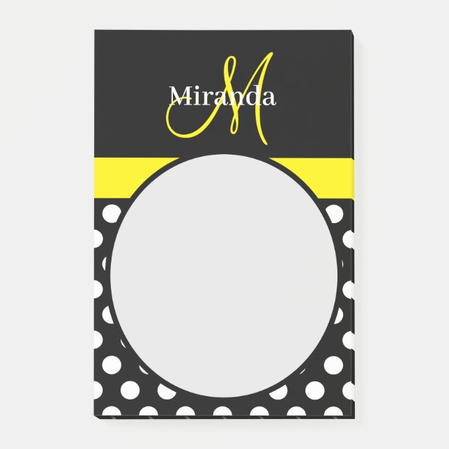 Yellow Monogram Black White Polka Dot Post-it Notes (Front)