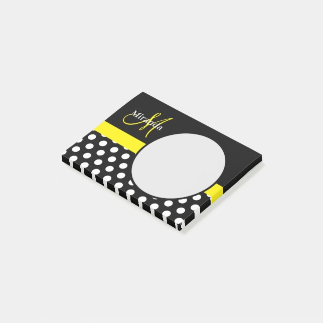 Yellow Monogram Black White Polka Dot Post-it Notes (Angled)