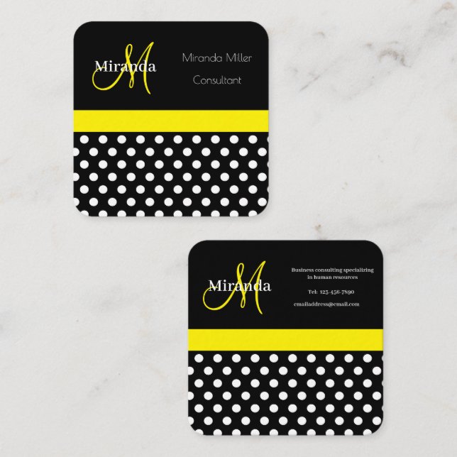 Yellow Monogram Black White Polka Dot Square Business Card (Front/Back)