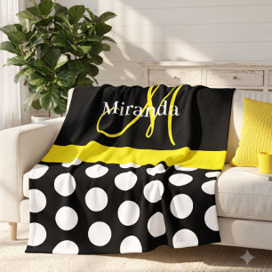 Yellow Monogram Black with White Polka Dots Fleece Blanket