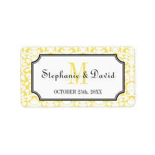Yellow monogram damask frame wedding favour tag