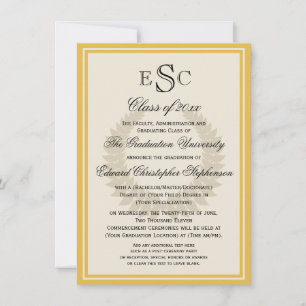Yellow Monogram Laurel Classic College Graduation Invitation