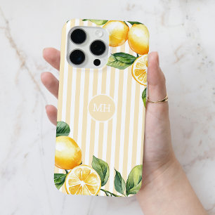 Yellow Monogram Lemon Elegant Stripe Mediterranean iPhone 15 Pro Max Case