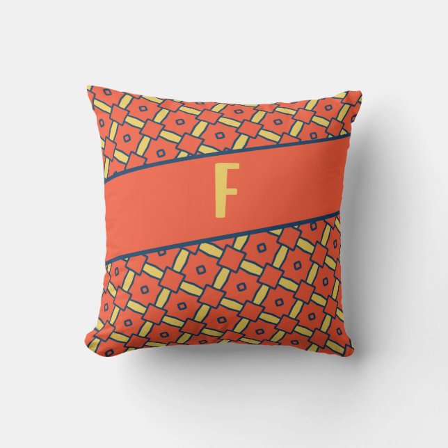 Yellow Monogram Orange Geometric Pattern Cushion (Front)