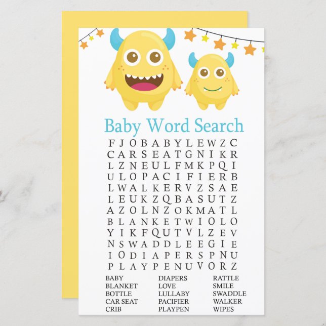 Yellow Monster Baby Shower Word Search Game (Front/Back)
