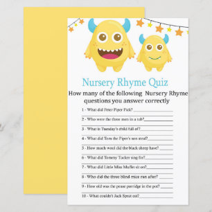 Yellow Monster Nursery Rhyme Quiz baby shower game