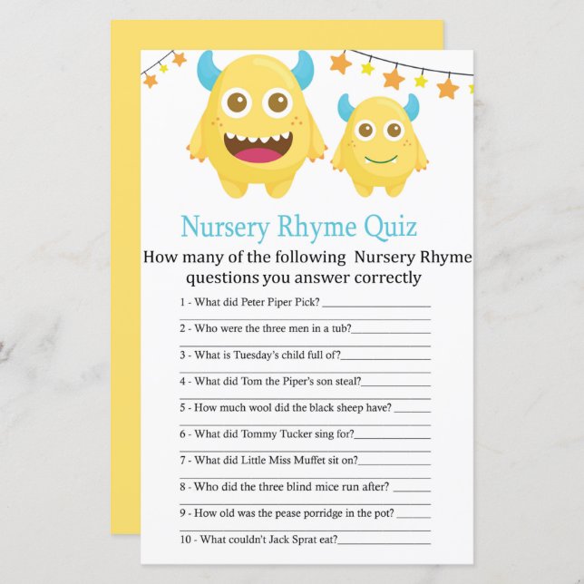 Yellow Monster Nursery Rhyme Quiz baby shower game (Front/Back)
