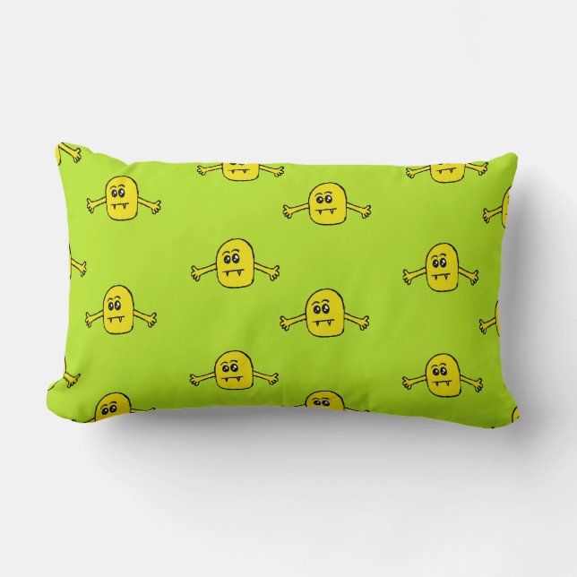 Yellow monster on green lumbar pillow (Front)