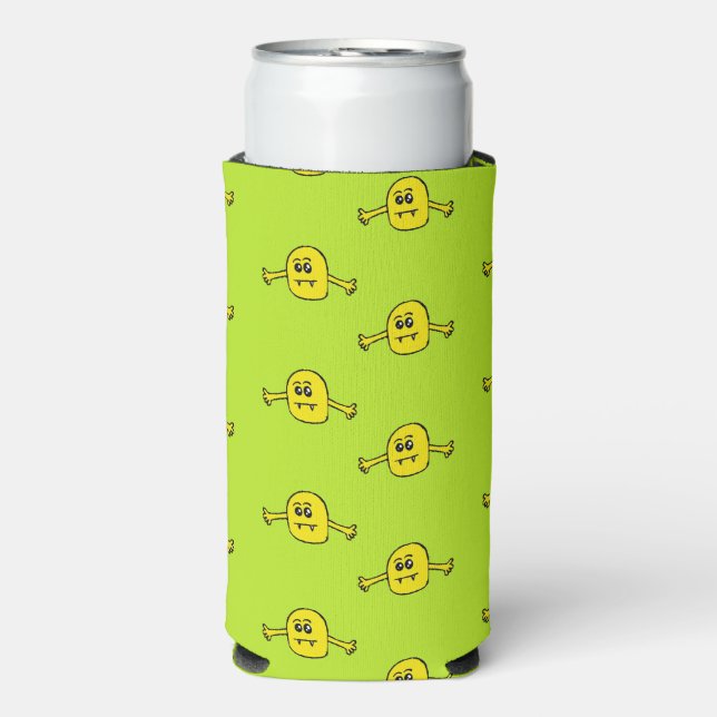 Yellow monster on green seltzer can cooler (Seltzer Front)