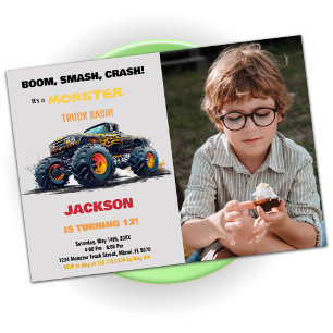 Yellow Monster Truck Birthday Invitations Photo