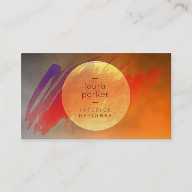 Yellow Moon Sunset Watercolor Splatter  Modern Business Card (Front)