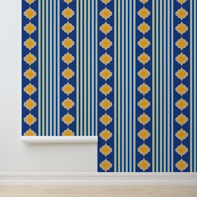 Yellow Moroccan shapes and blue stripes Wallpaper (Application)