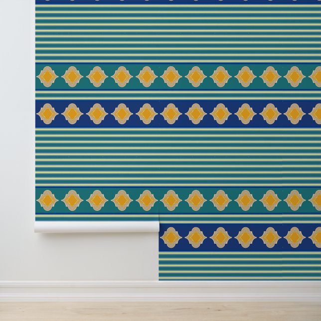 Yellow Moroccan shapes, green stripes horizontal Wallpaper (Application)