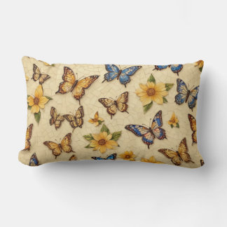Yellow Mosaic Butterflies And Flowers Lumbar Cushion