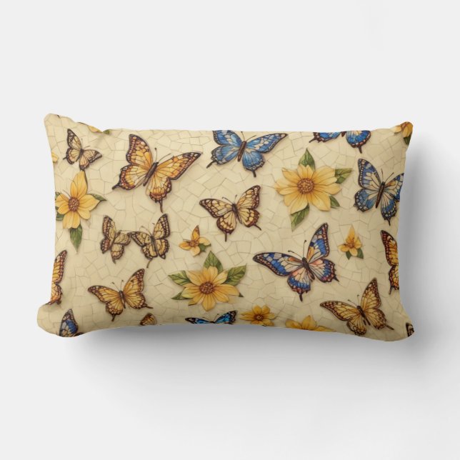 Yellow Mosaic Butterflies And Flowers Lumbar Cushion (Front)