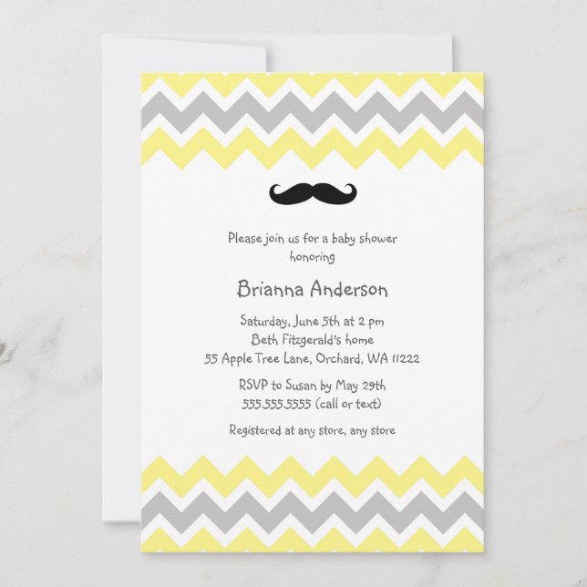 Yellow Moustache Baby Shower Invites (Front)