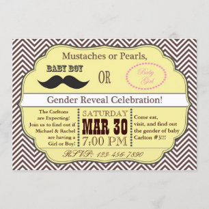 Yellow Moustache or Pearls Gender Reveal Invitatio Invitation