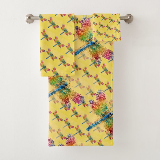 Yellow Multicolored Dragonfly Abstract Bath Towel Set (Insitu)