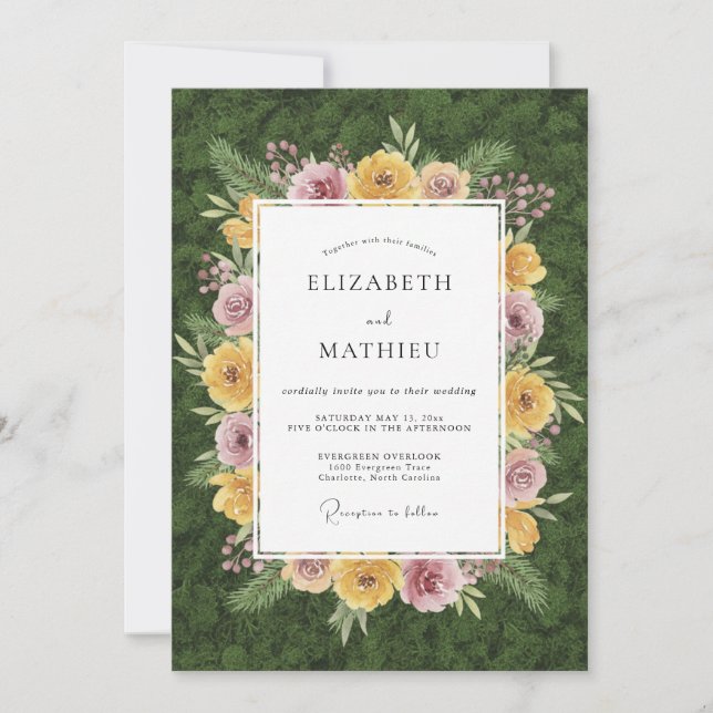 Yellow Muted Mauve Wreath Wedding Invitation (Front)