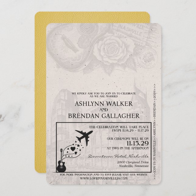 Yellow Nashville Passport Wedding Invitation (Front/Back)