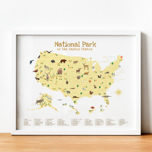 Yellow National Park Map Woodland Nursery Print