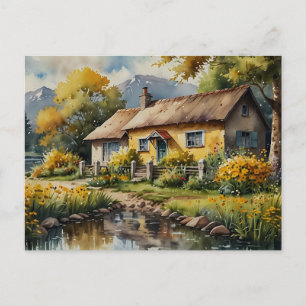 Yellow Nature House Watercolor Postcard