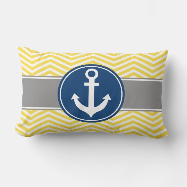 Yellow Nautical Anchor Chevron Lumbar Cushion (Front)